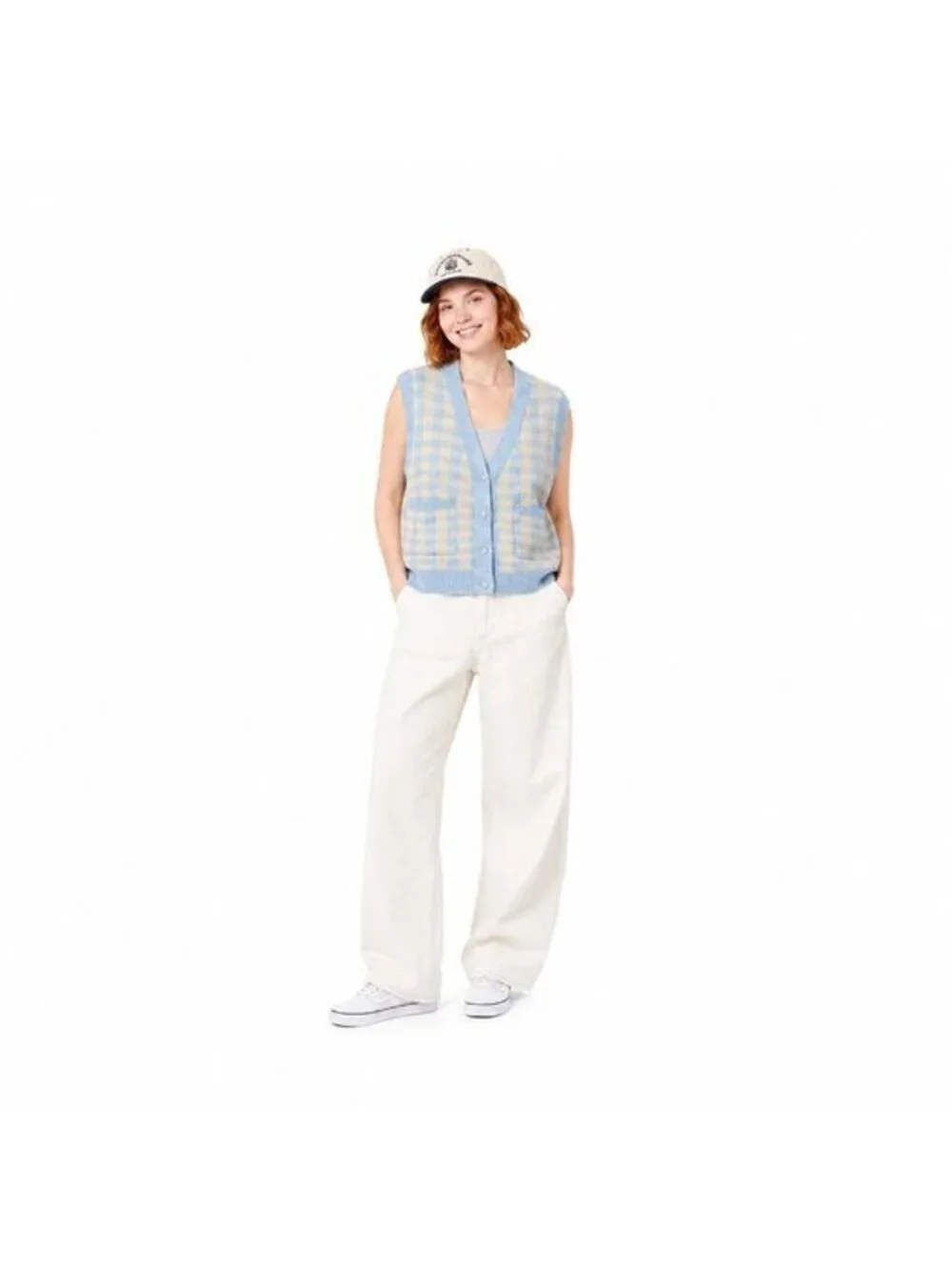 2/$30 ZARA Size Small Light Blue & Cream Gingham Knit Cardigan Vest S Polyester